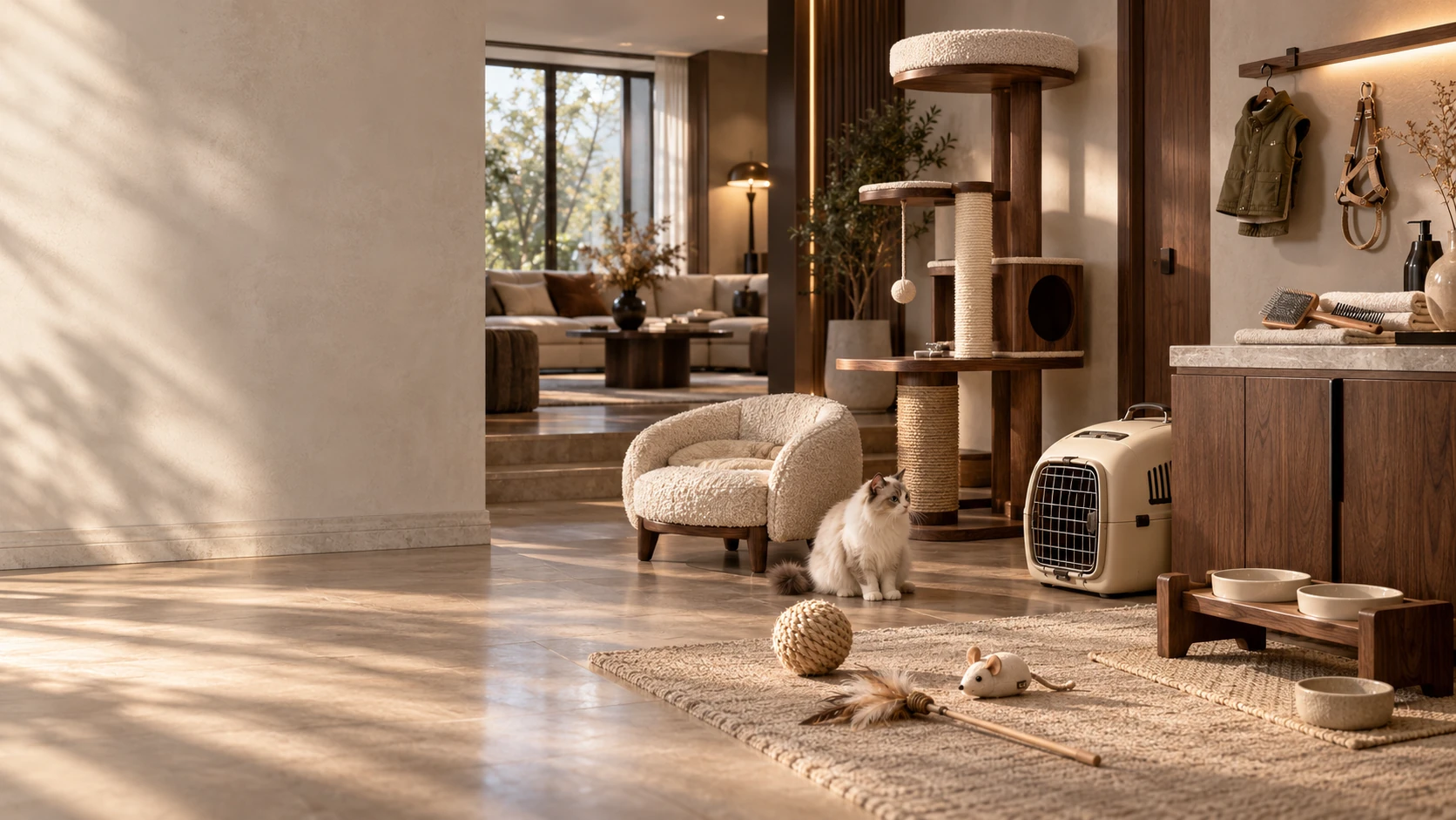 현대 라이트 럭셔리 주택에 PET ESSENTIALS 7대 용품 패밀리가 자연스럽게 배치: 패브릭 캣 하우스, 호두나무 캣 가구, 하드 캐리어, 천연 토이, 케어 브러시, 세라믹 볼 나무 스탠드와 펫 아우터 하네스