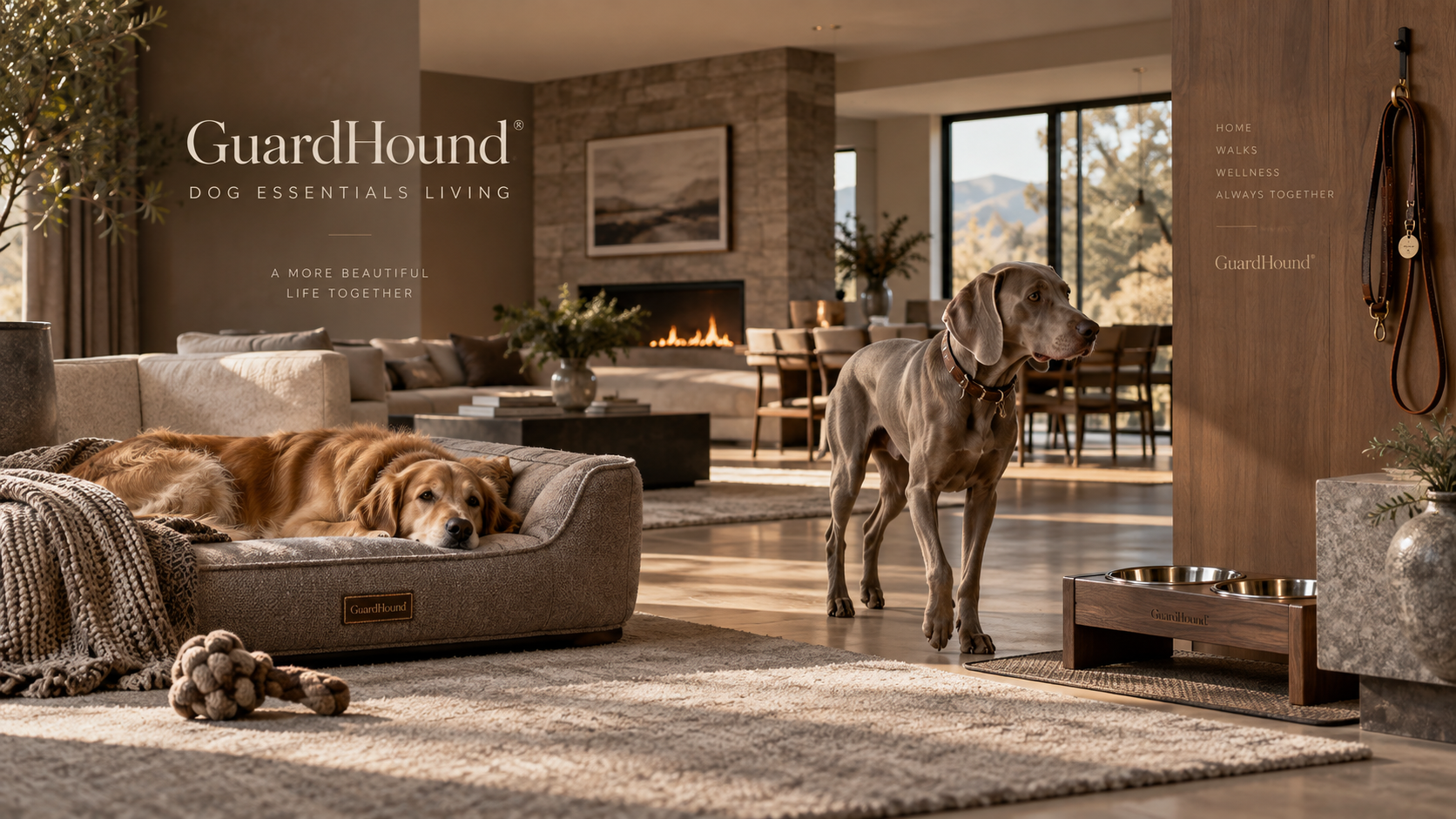 GuardHound 브랜드 광고 · DOG ESSENTIALS LIVING · 견용 필수품 라이프스타일